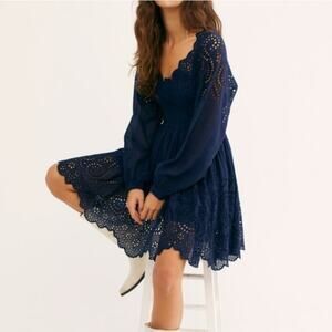 Free People One Womens Small Navy Lottie Eyelet Lace Mini Dress